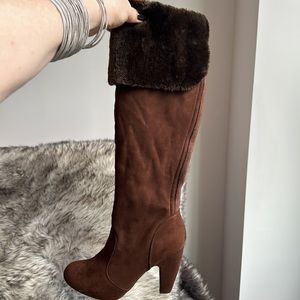 Brown suede and faux fur high heeled boots. Stacked heel 3” size 10